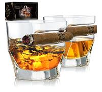 YouYah Cigar Whiskey Glasses with Cigar Holder-Set of 2,Crystal Whisky Glass Set with Indented Cigar Rest,Cigar Accessories,Rocks Glass,Gifts for Men,Husband,Dad,Father (New Model)