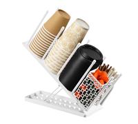 Youyijia Adjustable 4-Compartment Cup & Lid Holder with Removable Straw Basket Heavy-Duty Metal Coffee Cup Dispenser for Bar Office Restaurant Organizes 100 Disposable Cups Straws & Pods (White)