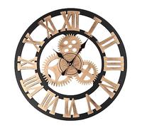 Youyijia Wall Clock Big Roman Numerals Hanging Clock 60cm/24 Inch Giant Open Face Indoor Wall Clock Wood 3D Gear Clock Vintage Industrial Wall Clock for Home Office Gold