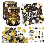 YOUYIKE 12 Lanterns Table Decoration Birthday, 20 Happy Birthday Napkins + 100 Confetti Sequins, Birthday Decoration for Women, Men, Girls, Boys, Children, Happy Birthday Table Decoration, Black Gold