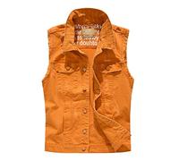 YOUYING Men's Denim Vest Casual Slim Fit Button Down Sleeveless Jean Vest Jacket Vintage Distressed Denim Waistcoat Outerwear, A# Orange, Large
