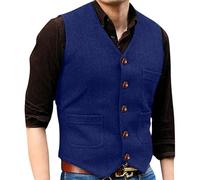 YOUYING Mens Vintage Tweed Suit Vest V Neck Casual Woolen Waistcoat Slim Fit Classic Western Cowboy Vests Party Wedding Vests, A# Dark Blue, Small
