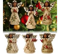 Youyole 12 Pcs Christmas Decoration African American Angel Ornaments with Cardinal Black Angel Ornaments Xmas Wooden Decor Gift for Christmas Tree Fireplace Office Holiday Decor