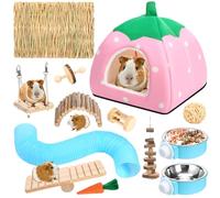 Youyole 13 Pcs Guinea Pig Starter Kit Hamster Hideout Bed Rabbit Enrichment Toys Cage Accessories Bunny Hides Tunnel Gerbil House Chew Toys with Pet Food Bowl for Chinchillas Hedgehogs Ferrets(Pink)