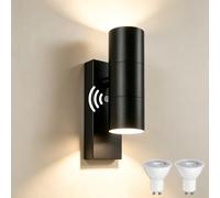 YOVGQOLV Dusk to Dawn Outdoor Wall Lights Mains Powered with Bulbs, Black | Stainless Steel, IP54 Up Down Outside Lights 230V, Incl. 2×5W 3000K LED GU10 Bulbs for Front Door Porch Patio Garden, 1Pack