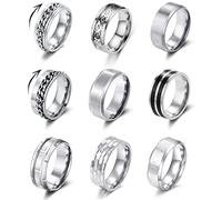 YOVORO 9Pcs Stainless Steel Band Rings for Men Women Fidget Anxiety Relief Rings Spinner Ring Wedding Promise Rings Set, Stainless Steel, n / a