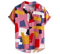 Yowablo Blouse Shirts Men's Hawaiian Sunflower Pocket Short Sleeve Round Seam Loose Print - Multicolour - XX-Large