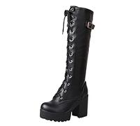 Yowablo Boots Women's Waterproof Platform Lace-Up High Heel Boots with Thick Heel, black, 9 UK
