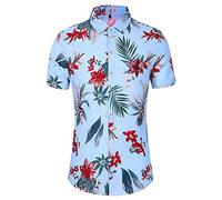 Yowablo Hawaiian Shirt Men's Short Sleeve Hawaiian Print Beach Palm Trees Sea Turn-Down Collar T-Shirt Tops