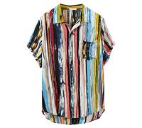 Yowablo Men's Blouse Shirts Multicoloured Pocket Chest Lump Short Sleeve Round Loose Hem, 1 multi-coloured, XXL