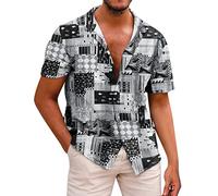 Yowablo Men's Summer Button Down Printed Casual Short Sleeve Lapel Shirt, 1 Black, XL