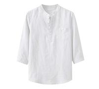 Yowablo shirts men baggy cotton linen solid three-quarter sleeve pocket stand collar, mens, Yowablo-JLY, White, XL