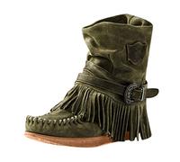Yowablo Women's Ankle Boots Fringe Retro Style Tassel Short Boots, Green, 4 UK