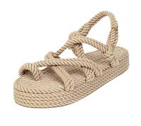 Yowablo Women's Bohemian Flat Linen Rope Platform Open Toe Sandals without Lace - Off-White - 4