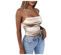 Yowablo Women's Imitation Silk Fabric Lace Up Backless Crop Top Slim Fit Party Club - Grey - XXX-Large