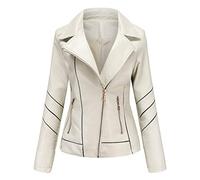 Yowablo Women's slim leather jacket with stand-up collar and zip, sewing, plain. - Beige - 38