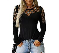 Yowablo Women's top lace shirt neckline crew neck mesh crop rhinestone hollow out. - Beige - 48