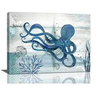 yowecso Ocean Octopus Wall Art Nautical Octopus Paintings Prints Navy Blue Artwork Ocean Sea Life Decorations Canvas for Bathroom kitchen Bedroom Living Room 16"x12"
