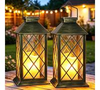 Yowin 2 Pack 35cm Large Hanging Lantern Outdoor Garden with Tempered Glass | Flickering Candle, Garden Gifts Waterproof Table Lamp for Balcony Patio Decorations - Bronze