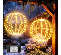 yowin 2 Pack Christmas Star Hanging Ball Lights, Plug in Window Lights | 30 CM 200 LED with Timer 8 Modes Large Xmas Sphere Light Outdoor Waterproof Light Up Balls for Door Room Decor - Brown Frame