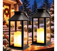 Yowin 2 Pack Solar Lanterns for Outside Hanging Solar Lights Outdoor Garden | Tempered Glass with Flickering Candle, 22cm Waterproof Outdoor Lanterns for Patio Pathway Balcony Mother Gift Decorations