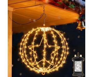 yowin Christmas Star Hanging Ball Lights 30CM 200 LED Plug in Window Lights with Timer,8 Modes Large Xmas Sphere Light Outdoor Waterproof Light Up Balls for Door Patio Room Decorations - White Frame