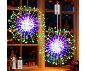 yowin Hanging Christmas Firework Lights 2 x 198 LED Starburst Lights Battery Operated with Remote, 8 Modes Waterproof Christmas Window Light for Xmas Tree Outdoor Indoor Decorations - Multicolor
