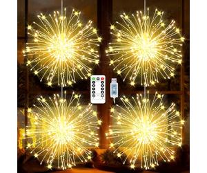 yowin Hanging Christmas Firework Lights 4x120 LED Starburst Lights USB Powered, 8 Modes Waterproof Hanging Ball Light with Remote for Xmas Porch Roof Outdoor Indoor Window Decorations - Warm White