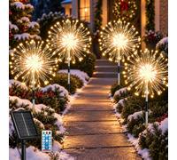 yowin Solar Garden Lights 4 Pack 120 LED Firework Lights with Remote | Christmas Garden Decorations Solar Powered, Outdoor Waterproof Pathway Lighting, 8 Modes Stake Light for Xmas Path Grave
