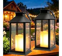 Yowin Solar Lanterns for Outside 2 Pack 22cm Tempered Glass Hanging Solar Lights Outdoor Garden with Flickering Candle, Waterproof Outdoor Lanterns for Patio Pathway Balcony Mother Gift Decorations