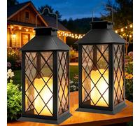 Yowin Solar Lanterns for Outside, 2 Pack 35cm Large Hanging Lantern Outdoor Garden with Flickering Candle, Tempered Glass, Garden Gifts Waterproof Table Lamp for Balcony Patio Decorations - Black