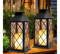 Yowin Solar Lanterns for Outside 2 Pack Large Garden Lanterns with Flickering Candle, Hanging Garden Gifts, Outdoor Waterproof Solar Ornaments for Balcony Patio Vintage Wall Decorations - Black
