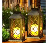 Yowin Solar Lanterns for Outside 2 Pack Large Garden Lanterns with Flickering Candle, Hanging Garden Gifts, Outdoor Waterproof Solar Ornaments for Balcony Patio Vintage Wall Decorations - Bronze