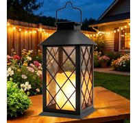 Yowin Solar Lanterns for Outside, 35cm Large Hanging Lantern Outdoor Garden with Flickering Candle, Tempered Glass, Garden Gifts Waterproof Table Lamp for Balcony Patio Vintage Decorations - Black