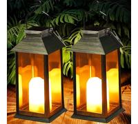 Yowin Solar Lanterns for The Garden 2 Pack Hanging Solar Lights with Flickering Candle, Outdoor Lanterns Waterproof Garden Gifts, Table Lamp for Balcony Wall Patio Fence Decorations - Bronze