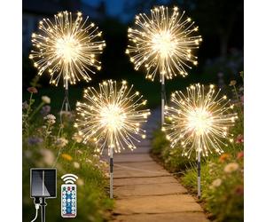 yowin Solar Lights Outdoor Garden 4 x 120 LED Firework Solar Stake Lights with Remote, 2 Charging Methods, Starburst Light Waterproof Garden Ornaments with Copper Wire for Pathway Balcony Decorations