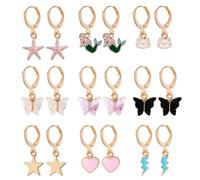 Yowivon Fun Dangle Earrings Set Unique Cute Gold Plated Small Hoop Earrings Preppy Jewelry Y2K Colorful Butterfly Cat Heart Starfish Summer Bulk Earrings for Women