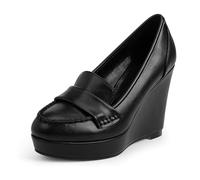 yowmns Women's Platform Loafer Wedge Pumps Comfortable Slip-On Office Casual Penny Loafer Shoes, Black, 7.5 UK