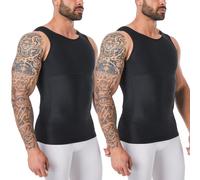YOWODA Mens Body Shaper, Compression Shapewear Vest Slimming Undershirt Tank Top, Tummy Control Chest, Hide Gynecomastia, Black+black, L