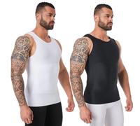 YOWODA Mens Body Shaper, Compression Shapewear Vest Slimming Undershirt Tank Top, Tummy Control Chest, Hide Gynecomastia, Black+white, XXL