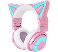YOWU RGB Cat Ear Headphone Wireless 5.2 Foldable Gaming Headset with SoundMage Acoustic System, Built-in Mic & Customizable Lighting and Effect via APP, Designed for Gamer Girls (3G, Pink)