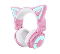 YOWU RGB Cat Ear Headphone Wireless 5.2 Foldable Gaming Headset with SoundMage Acoustic System, Built-in Mic & Customizable Lighting and Effect via APP, Designed for Gamer Girls (CE, Pink)