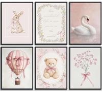 YOXORDQ 6pcs Pink Baby Room Wall Art Nursery Wall Decor Posters with Bow, Rabbit, Hot Air Balloon, Teddy Bear, Swan, Flowers, Canvas Prints Girls Baby Room Decor Pictures 8x10 Inch Unframed