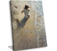 YOXORDQ Jesus Holding Woman Canvas Wall Art Christian Beach Picture Prints Footprints in The Sand Painting Poster for Religion Women Living Room Bedroom Wall Decor 12x16in Framed