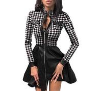 YOXUA Womens Lace Patchwork Long Sleeve Stand-up Collar Zipper Cocktai Evening Party Mini Dress White