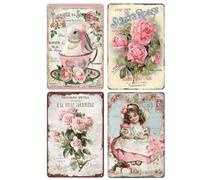YOYI ART 4pcs Vintage Pink Roses Flowers Decor Tin Sign - French Country Shabby Chic Signs for Room, Bathroom, Kitchen, Garden, Yard Wall Decor Art, Gifts for Women and Flower Lover, 8 x 12 inch