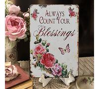 YOYI ART Vintage Butterfly Rose Decor Tin Sign - Always Count Your Blessings, French Country Shabby Chic Signs for Room, Bathroom, Garden, Yard Wall Decor Art Accessories, Women's Gifts, 8 x 12 inch