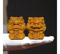 YOYOBO Natural Solid Wood Feng Shui Little Lion Lucky Mini Statue Cute Home Room Office Car Decorations Featured Mascot A pair