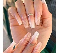 YoYoee Nude Press On Nails Long Coffin Fake Nails Gradient Acrylic False Nails Marble Nails for Wonen and Girls (24 PCS)