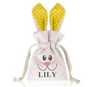 YOYOHAHAHA Personalized Easter Bunny Gift Bag,personalized Easter bag with name, basket for kids, Cotton Canvas with Polka Dot Ears, Drawstring Closure（yellow）